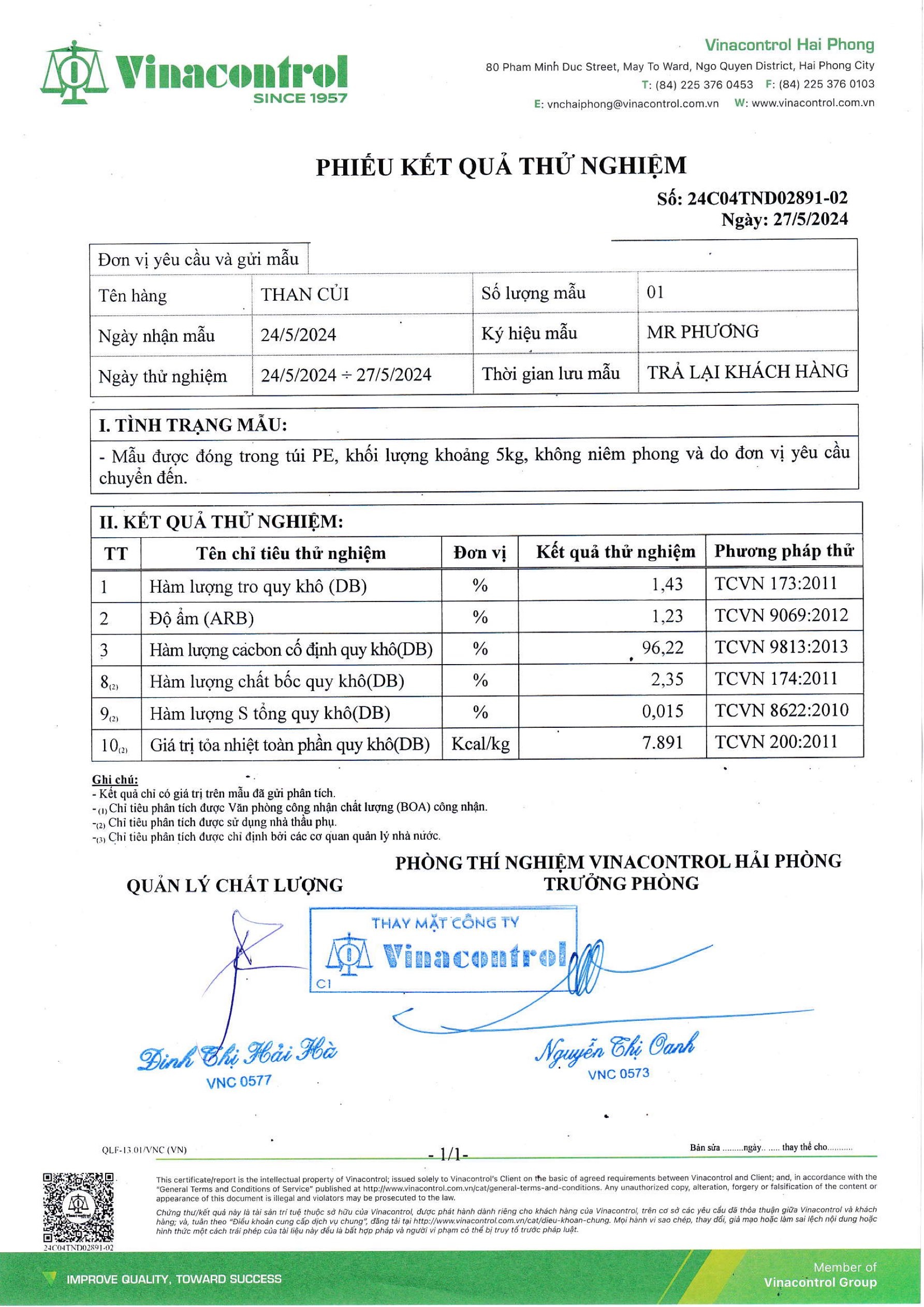VinaControl Hai Phong white charcoal test report reference